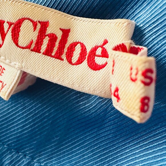 See By Chloe Floral Satin Twill Tie Shirt Dress Blue Parisian US Sz 8 - Picture 7 of 13